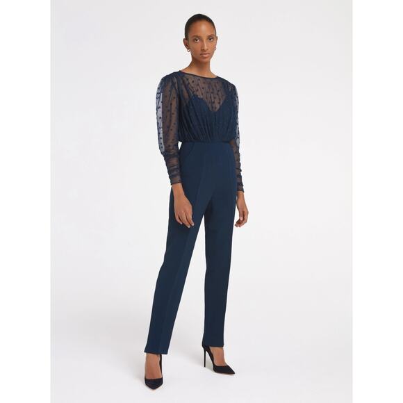 Saloni Bernadette Jumpsuit in Navy Blue Size 2 Sheer Embroidered Dot Chic Sexy - Picture 2 of 16
